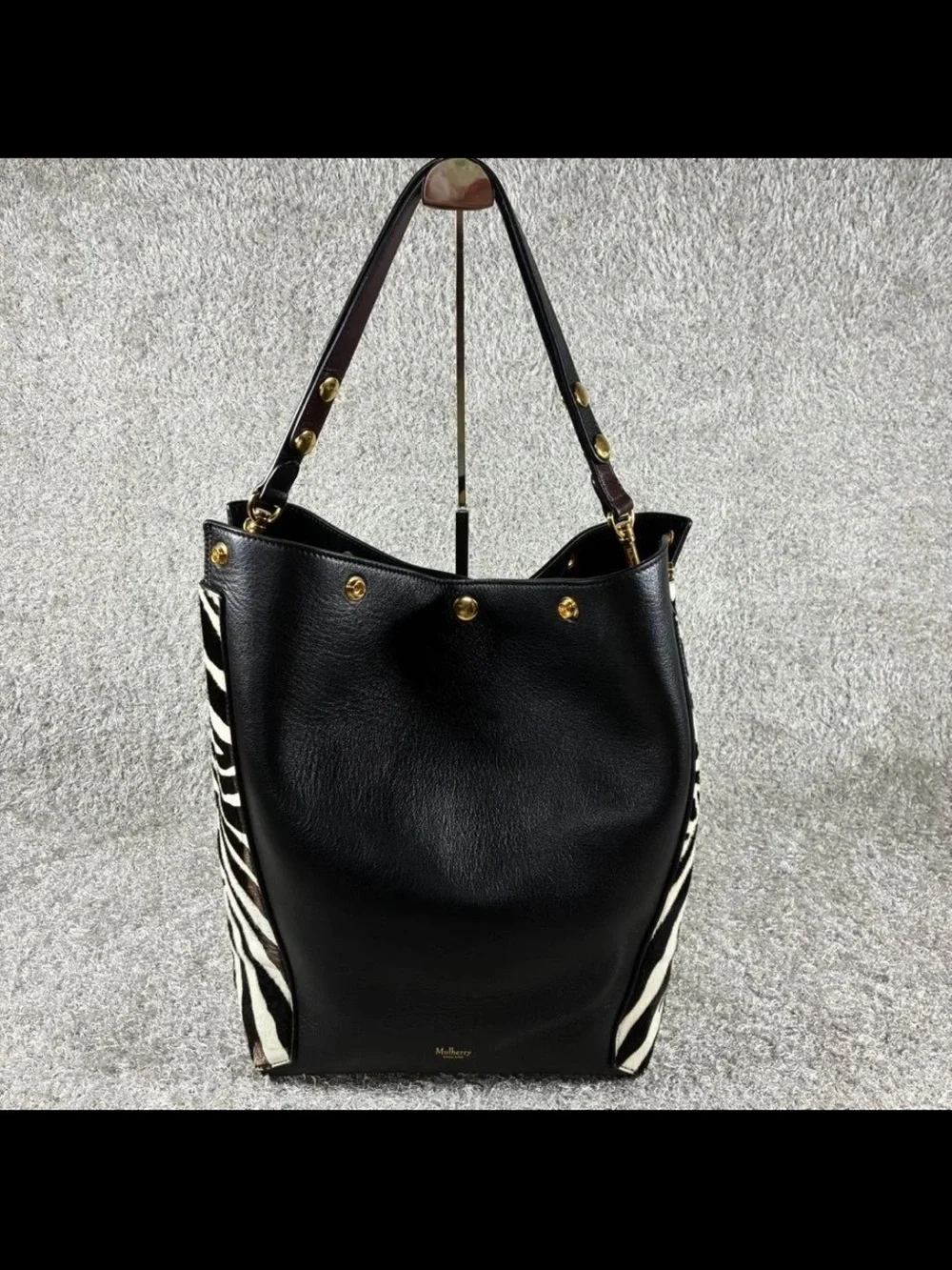 Mulberry Black Leather Shoulder Bag with Zebra-Print Panels